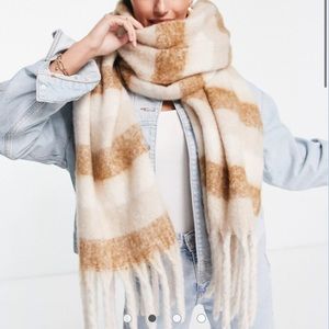 ASOS DESIGN long fluffy tonal stripe scarf in camel